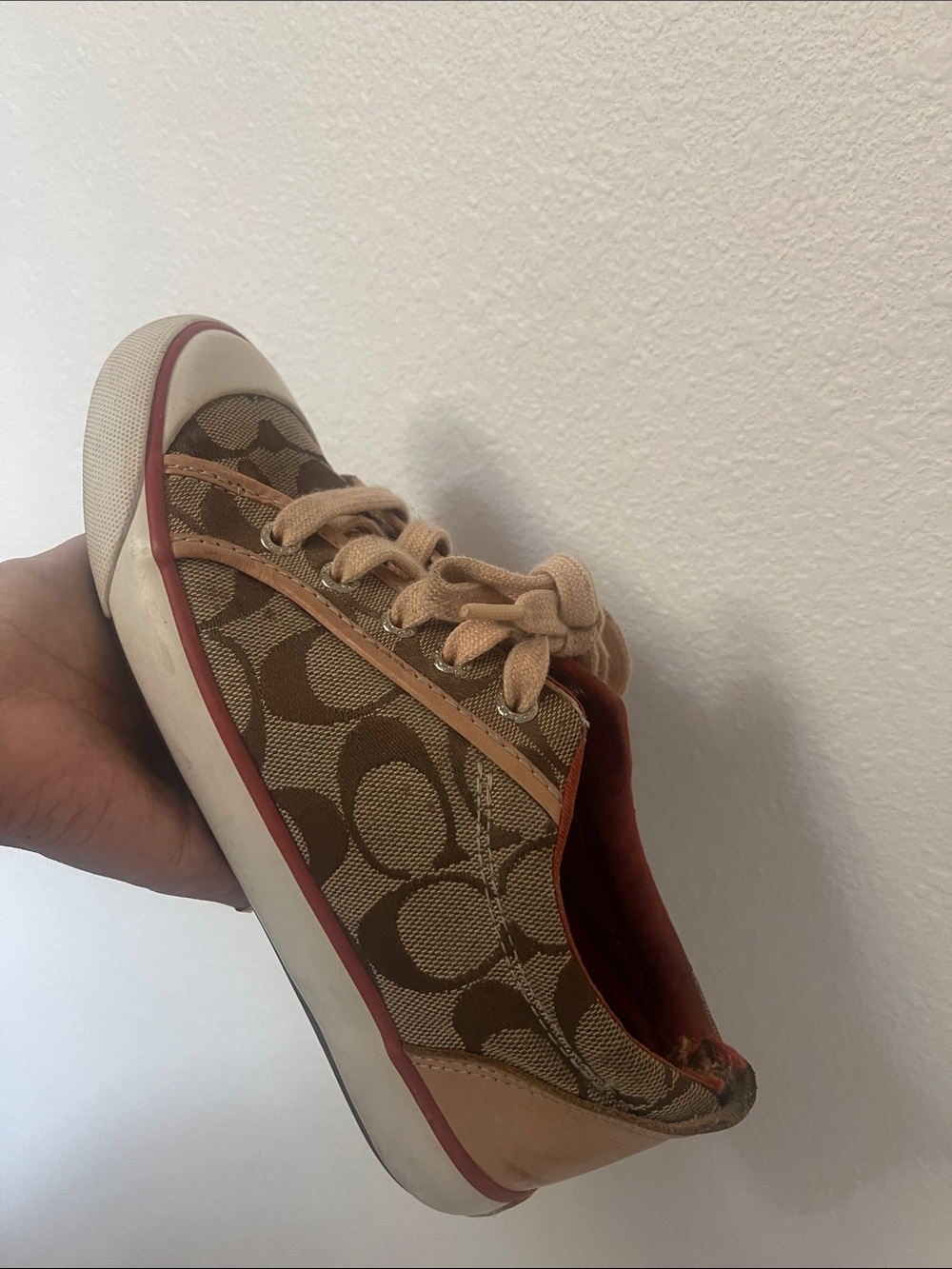 Coach Signature Canvas Low-Top Sneaker in Khaki with Pink Trim